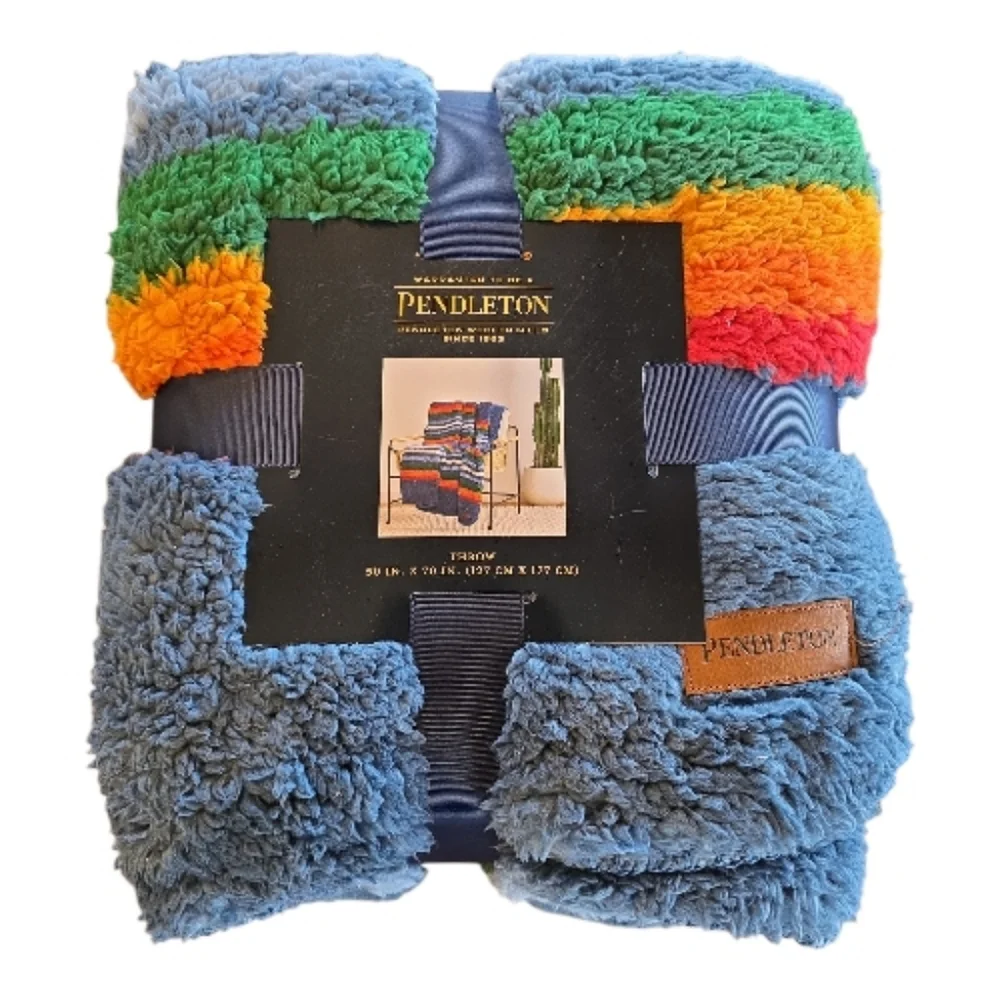 Pendelton NWT Serape Stripe Sherpa Denim Multi Throw 50